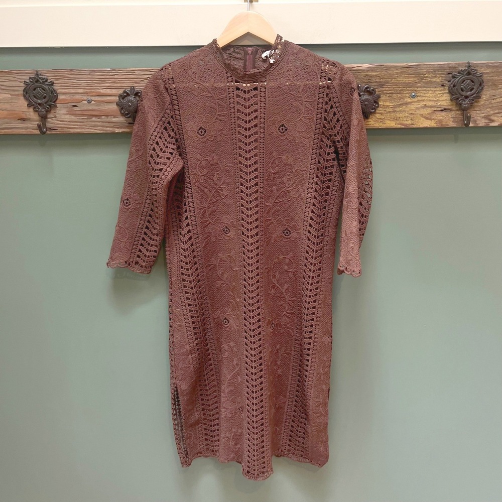 Sundance Brown Crochet Lace Mock Neck 3/4 Sleeve Sheath Dress Size‎ 6 RN 106205